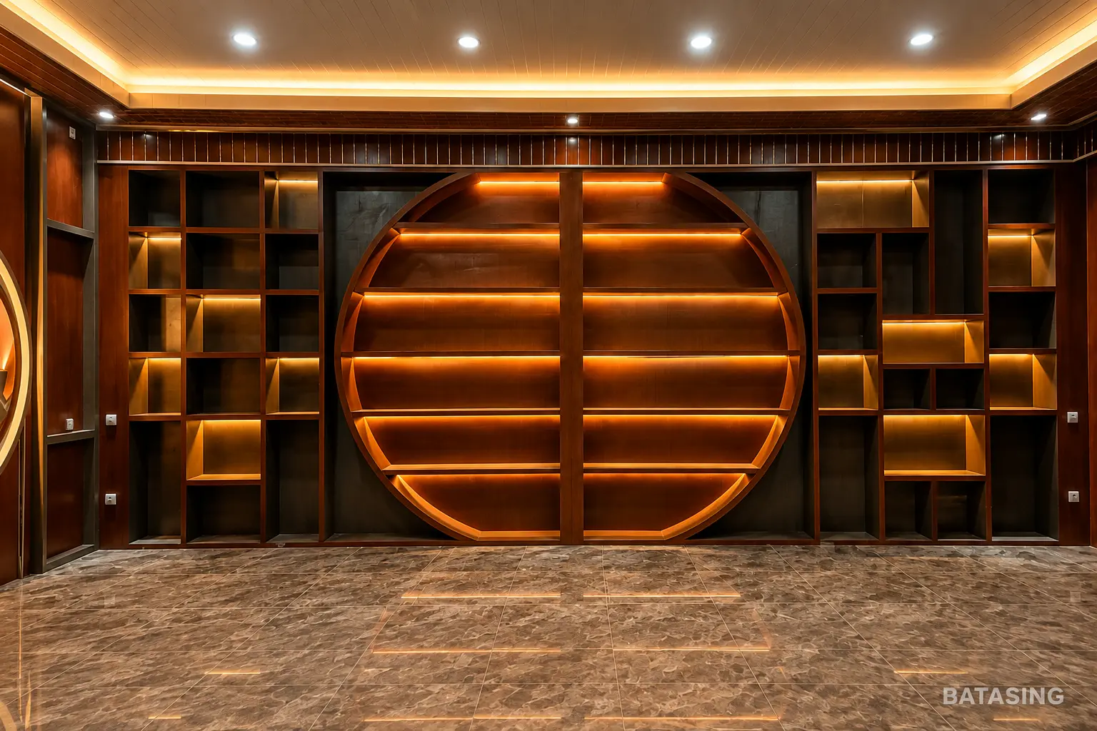 Interior kantor dengan meja kerja dan rak custom hasil pekerjaan BATASING