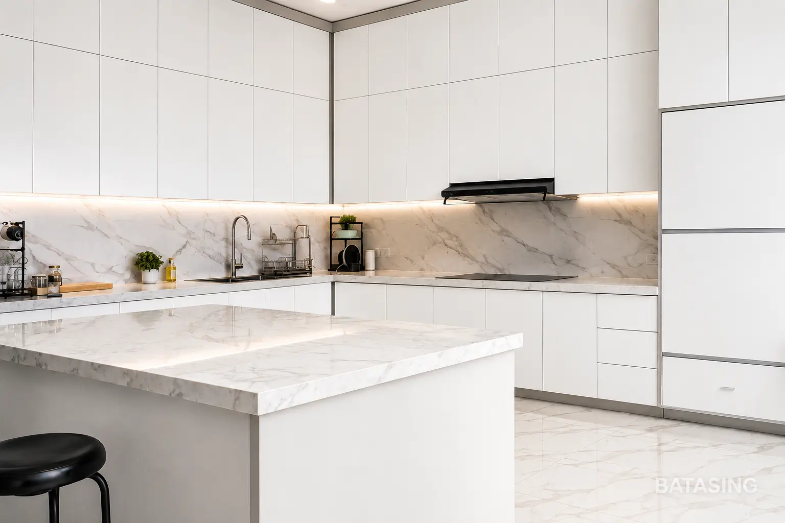 Kitchen set putih modern dengan kabinet custom dan island hasil pekerjaan BATASING