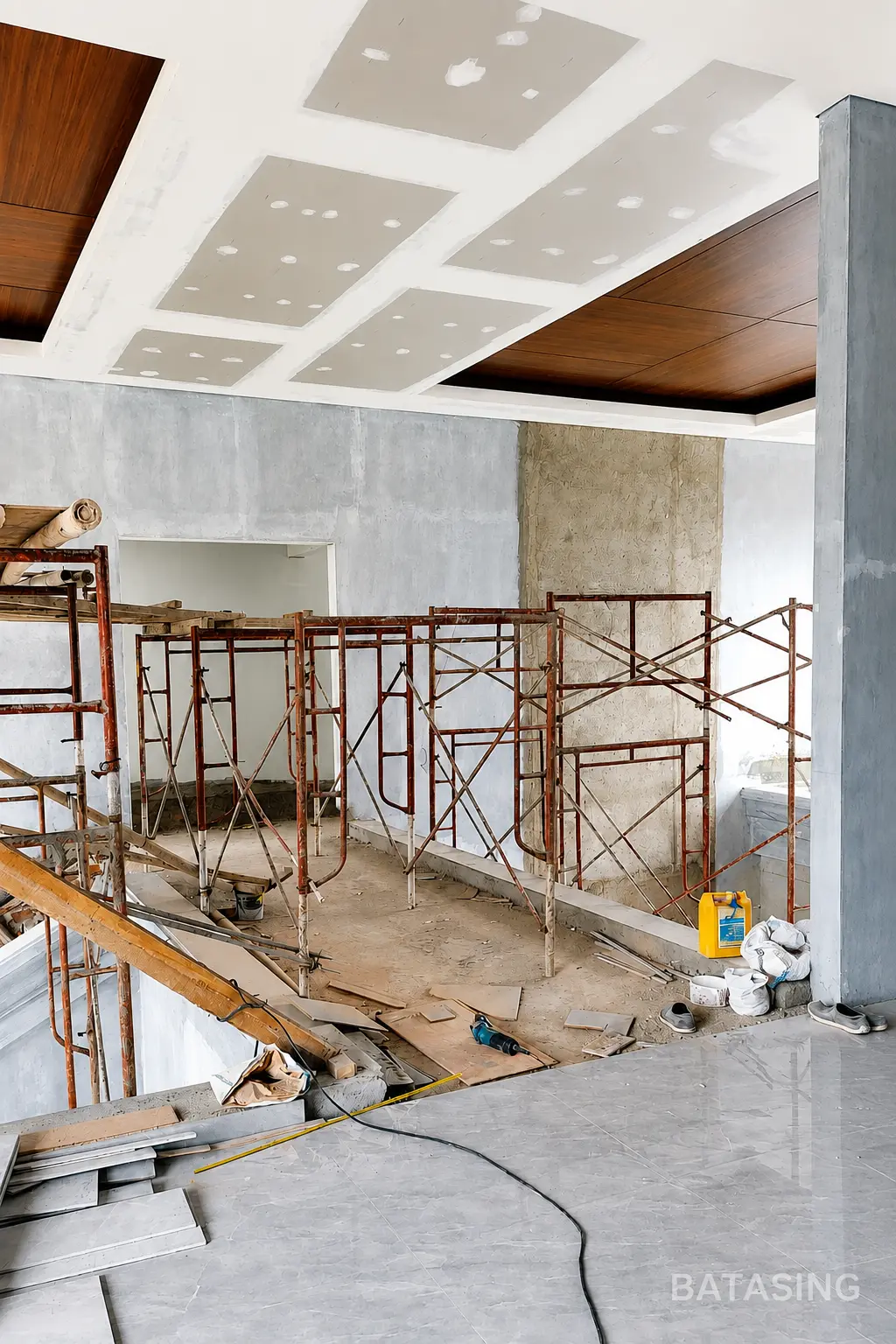 Proses renovasi plafon dan interior bangunan oleh tim BATASING