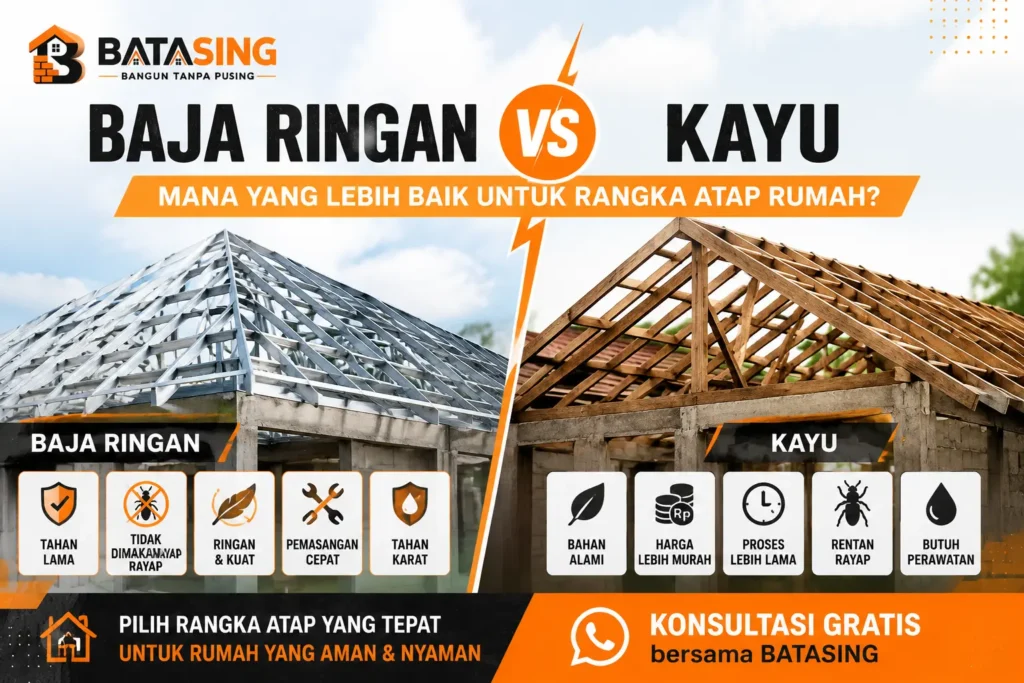 Perbandingan baja ringan dan kayu untuk rangka atap rumah oleh BATASING