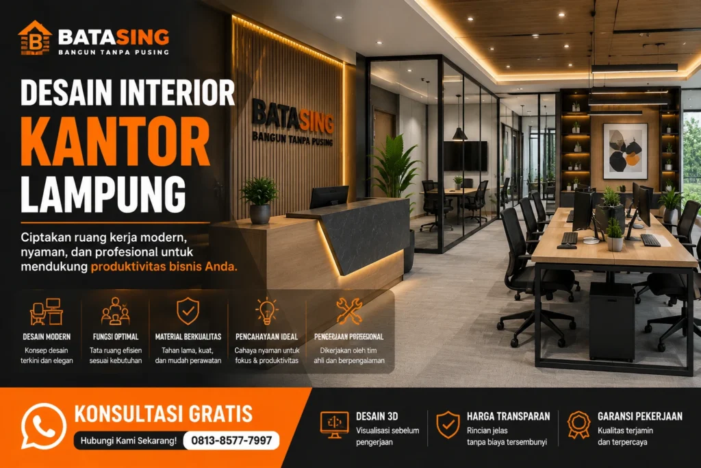 Desain interior kantor Lampung modern dan profesional oleh BATASING